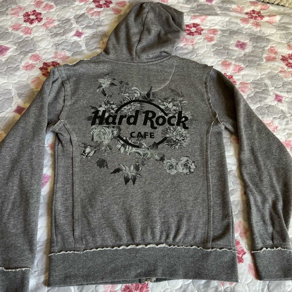 Hard Rock Cafe London UK Gray Charcoal Black Zip Hoodie Floral Accents Small